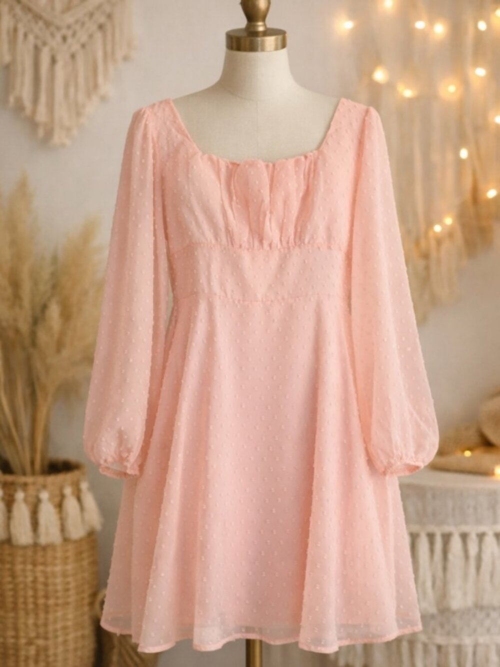 Pink Swiss Dot Sheer Chiffon Dress M Romantic Cottagecore